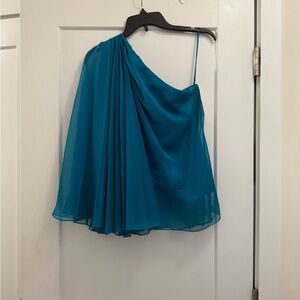 Badgley Mischka Collection $295 Teal One Shoulder Chiffon over stretch satin top